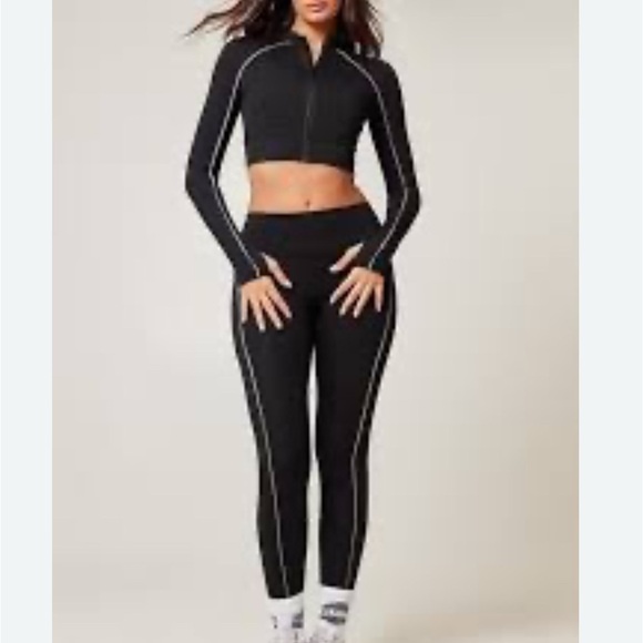 Black Active Zip-Up Jacket & Leggings with White Stitching - Picture 1 of 10